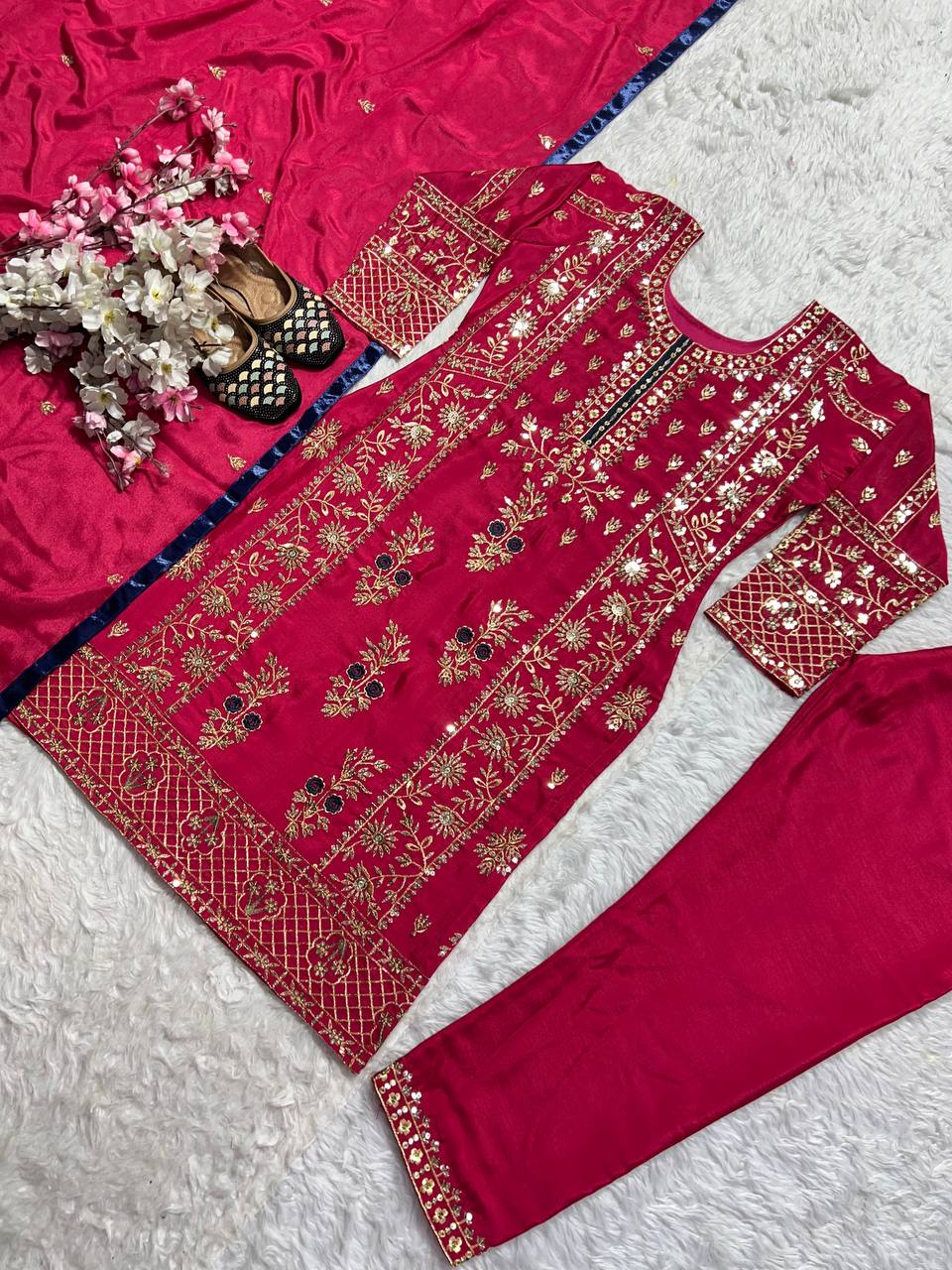Ravishing Maroon Color Pure Heavy Chinon Silk With Sequence Multi Embroidery Work Salwar Suit