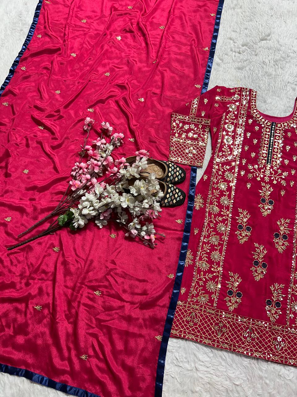 Ravishing Maroon Color Pure Heavy Chinon Silk With Sequence Multi Embroidery Work Salwar Suit