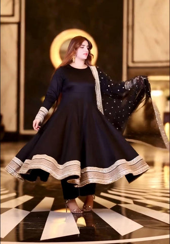 Shining Black Color Rayon Cotton With Heavy Sequins And Zari Embroidered Work Gown