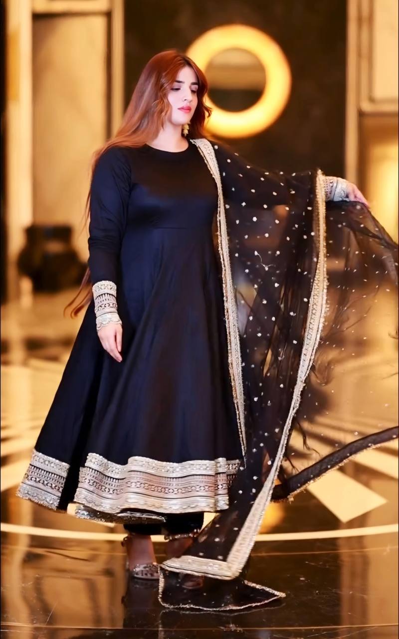 Shining Black Color Rayon Cotton With Heavy Sequins And Zari Embroidered Work Gown