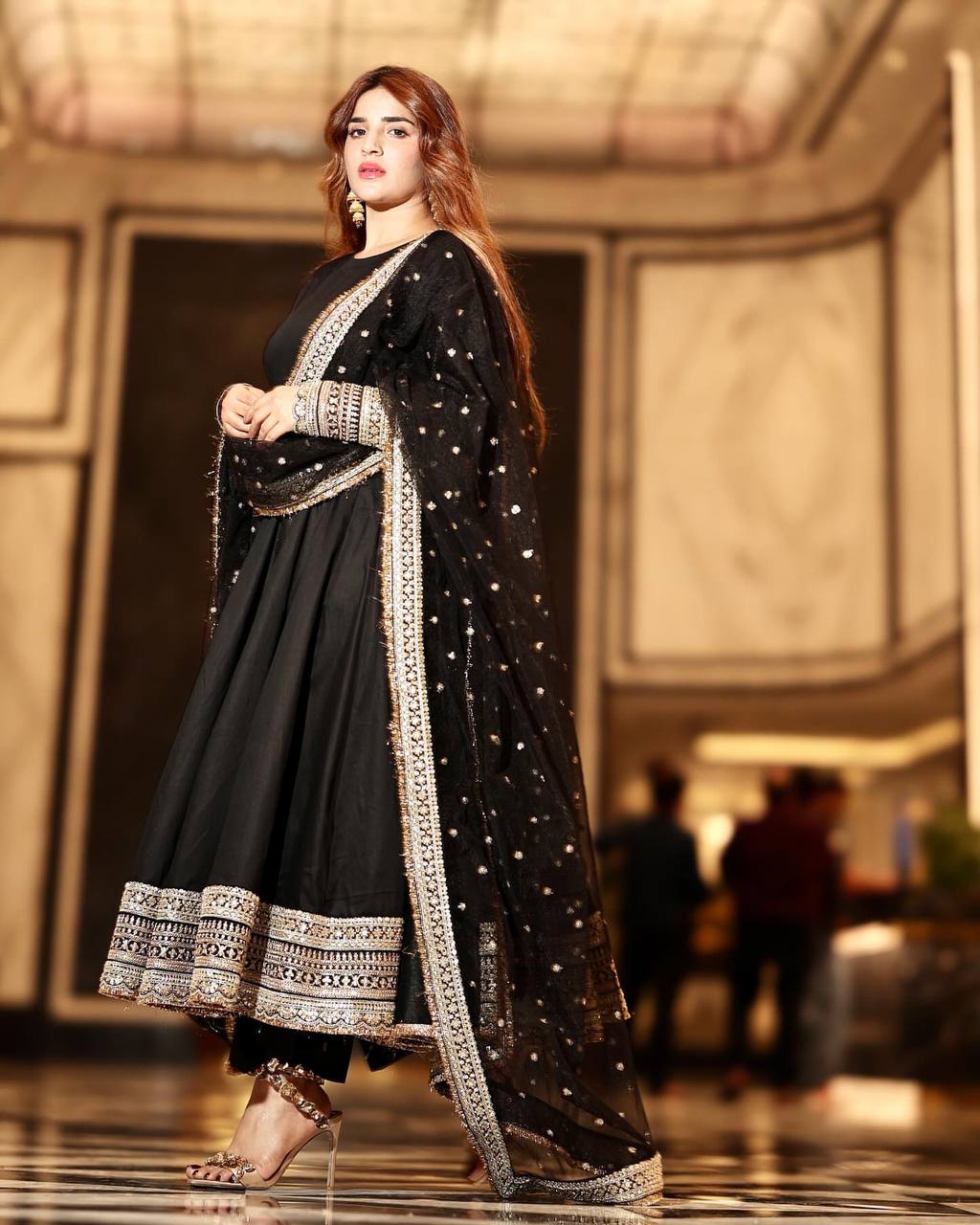Shining Black Color Rayon Cotton With Heavy Sequins And Zari Embroidered Work Gown