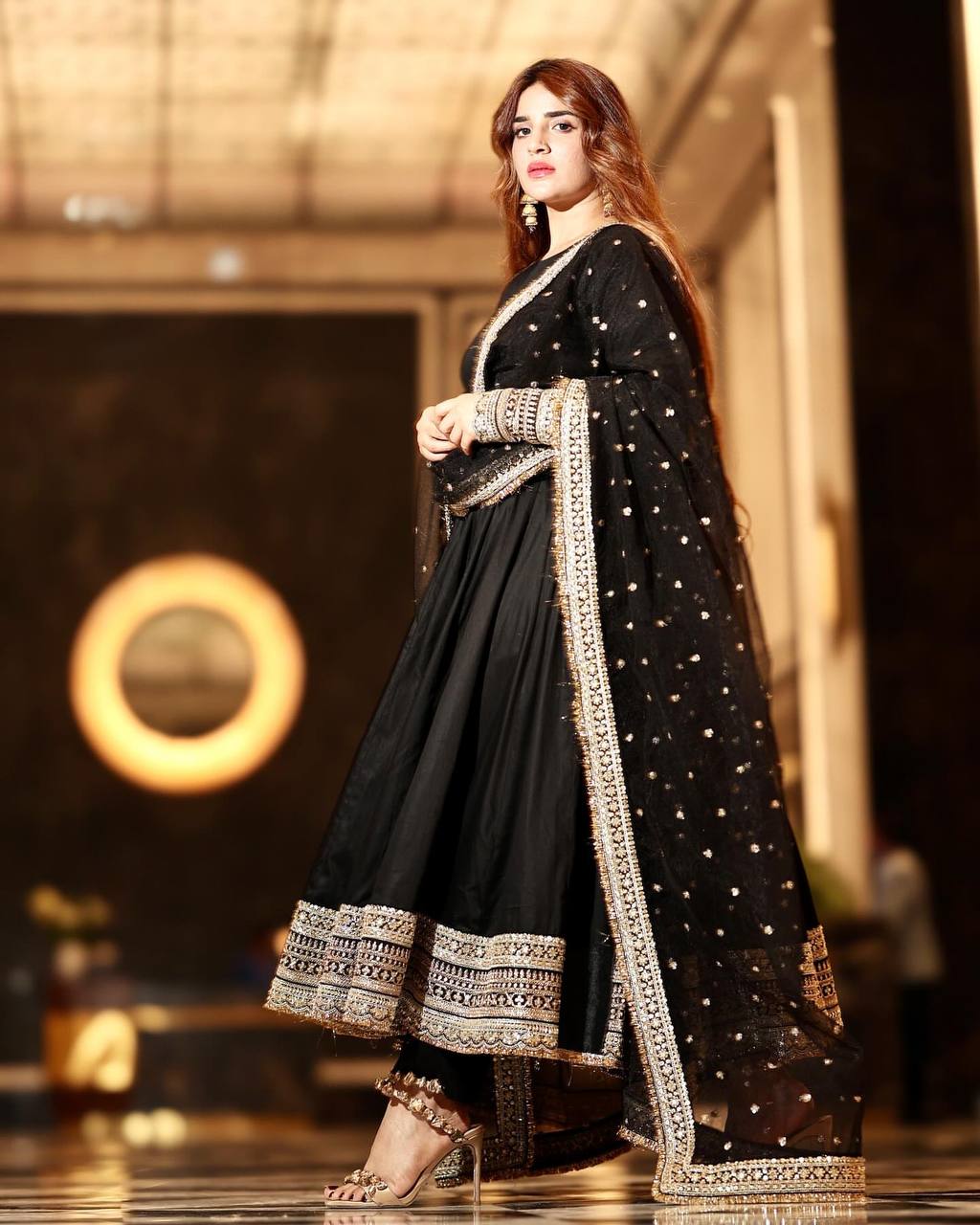 Shining Black Color Rayon Cotton With Heavy Sequins And Zari Embroidered Work Gown