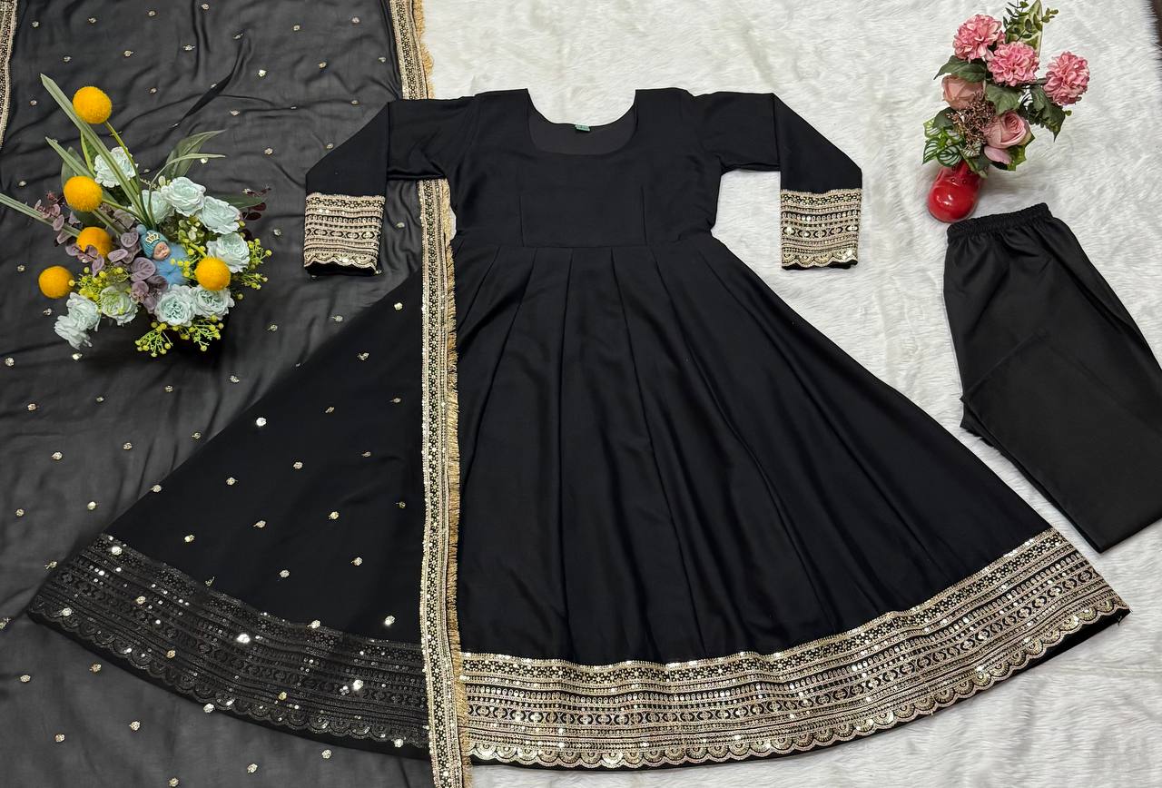 Shining Black Color Rayon Cotton With Heavy Sequins And Zari Embroidered Work Gown