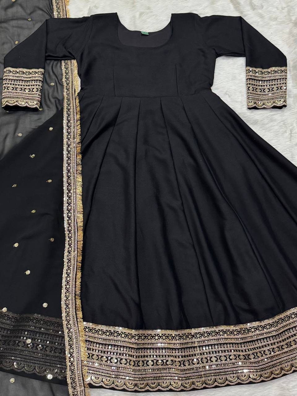 Shining Black Color Rayon Cotton With Heavy Sequins And Zari Embroidered Work Gown
