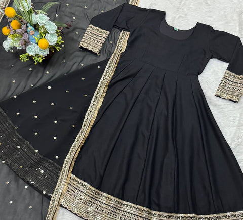Shining Black Color Rayon Cotton With Heavy Sequins And Zari Embroidered Work Gown