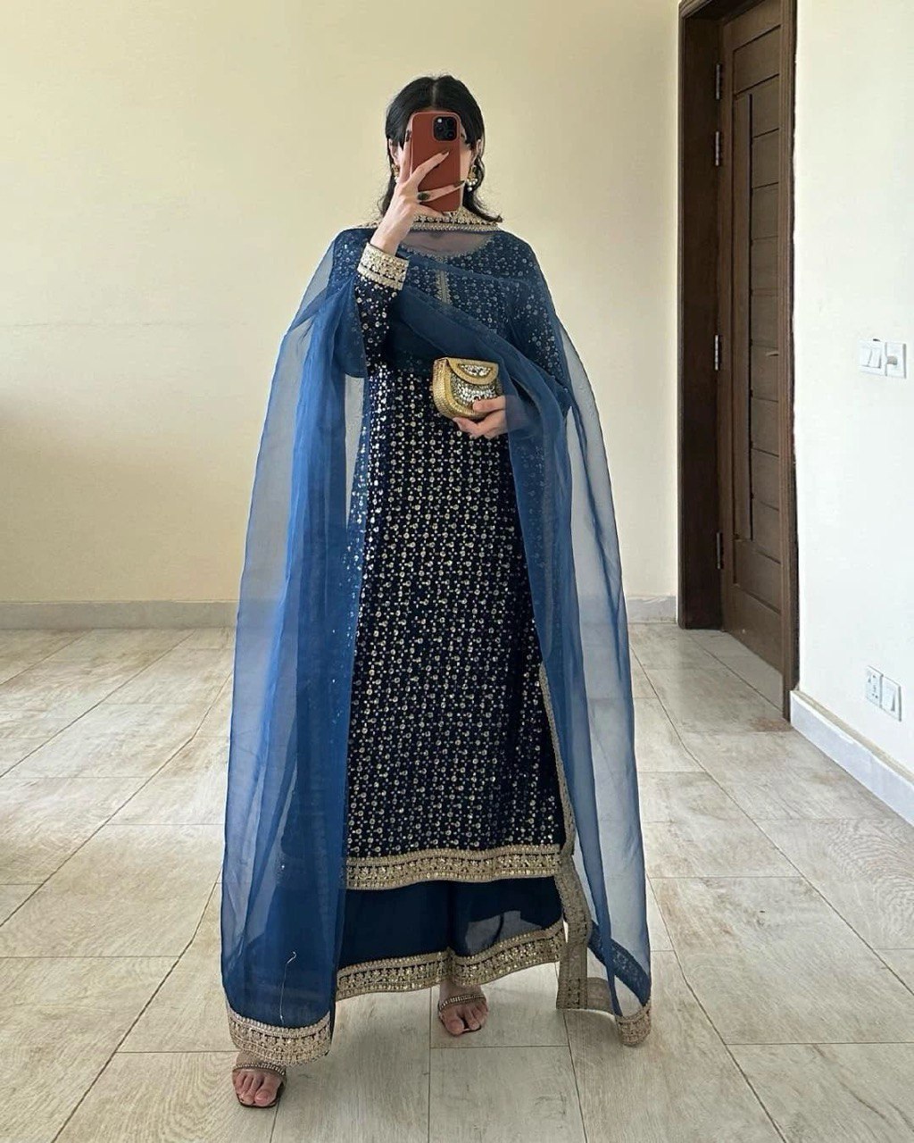 Alluring Navy Blue Color Faux Georgette And Thread With Sequence Work Salwar Suit