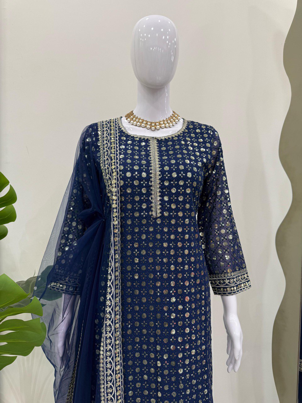 Alluring Navy Blue Color Faux Georgette And Thread With Sequence Work Salwar Suit