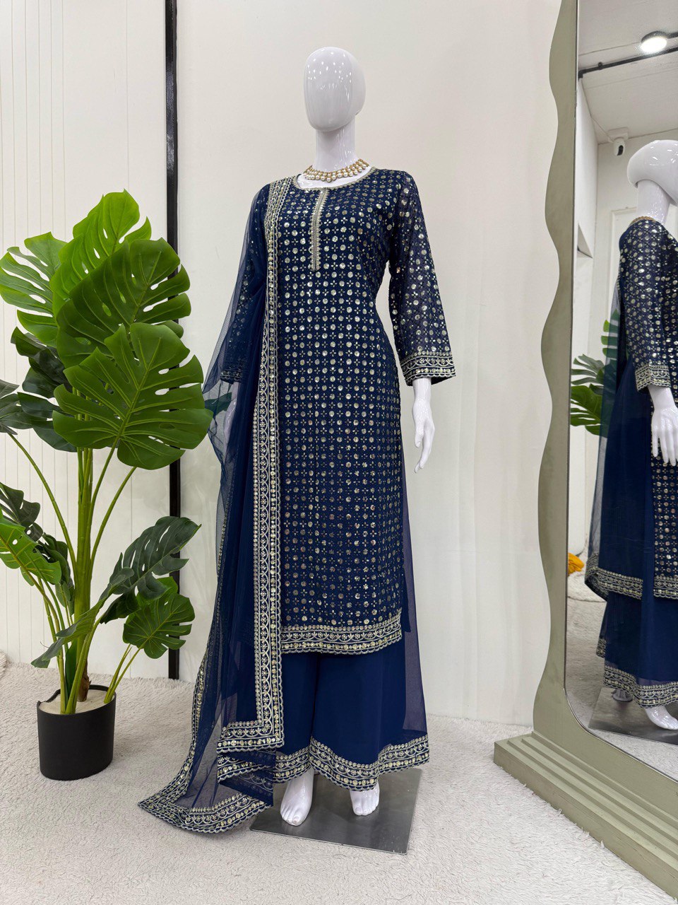 Alluring Navy Blue Color Faux Georgette And Thread With Sequence Work Salwar Suit