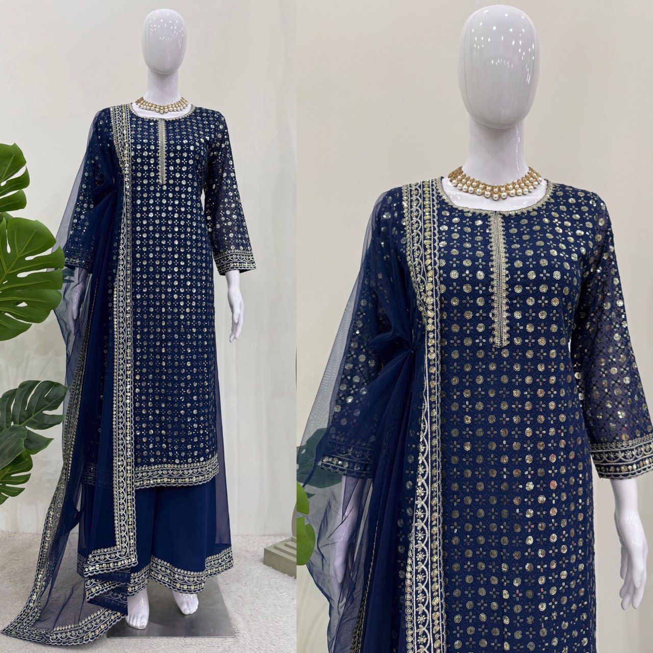 Alluring Navy Blue Color Faux Georgette And Thread With Sequence Work Salwar Suit