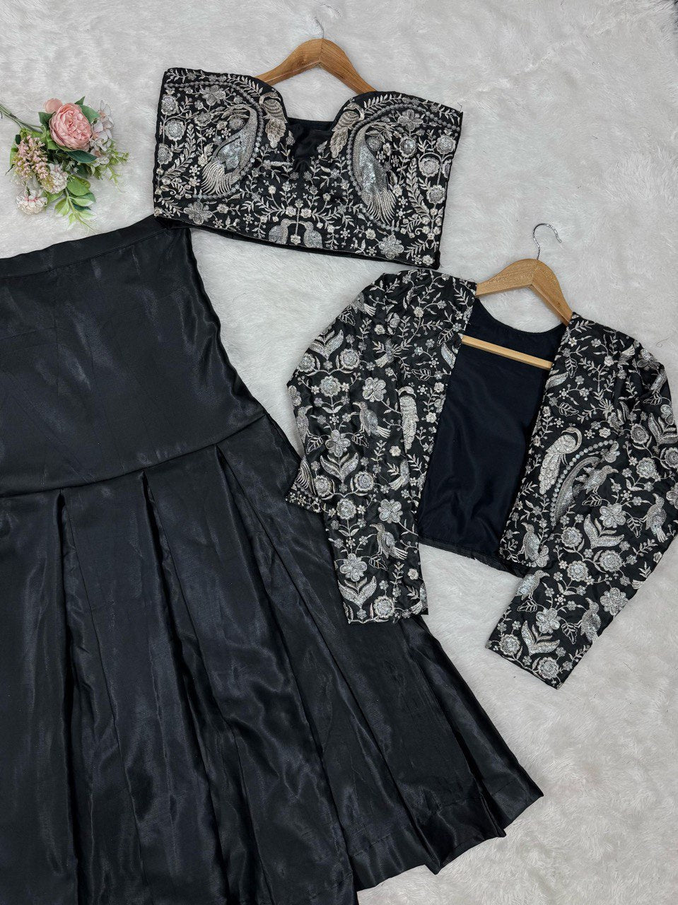 Presenting Black Color Tapeta Silk And Thread With Sequence Work Lehenga Choli With Koti