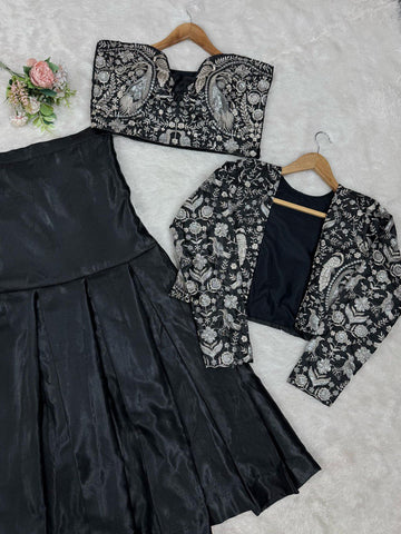 Presenting Black Color Tapeta Silk And Thread With Sequence Work Lehenga Choli With Koti
