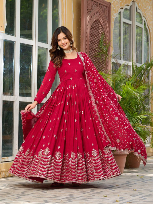 Wedding Wear Rose Red Color Pure Vichitra Silk And Sequence Embroidery Work Gown