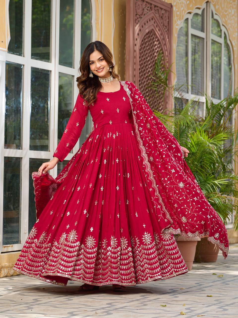 Wedding Wear Rose Red Color Pure Vichitra Silk And Sequence Embroidery Work Gown