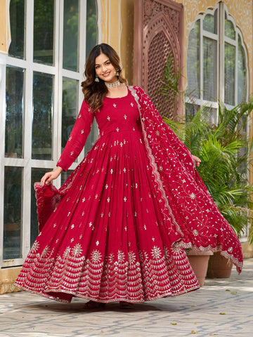 Wedding Wear Rose Red Color Pure Vichitra Silk And Sequence Embroidery Work Gown
