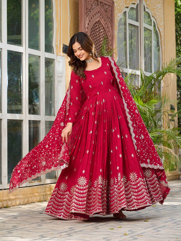 Wedding Wear Rose Red Color Pure Vichitra Silk And Sequence Embroidery Work Gown
