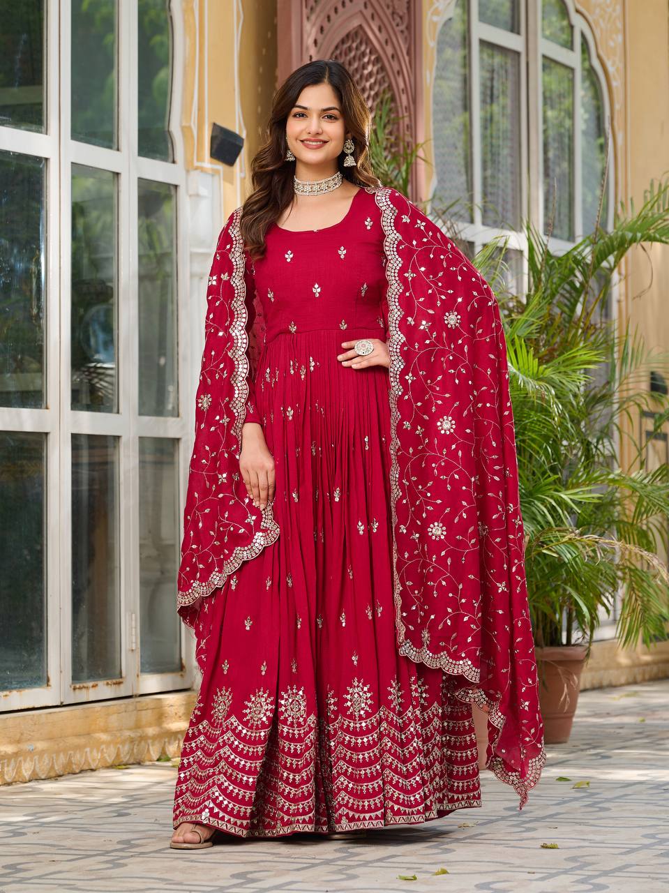 Wedding Wear Rose Red Color Pure Vichitra Silk And Sequence Embroidery Work Gown