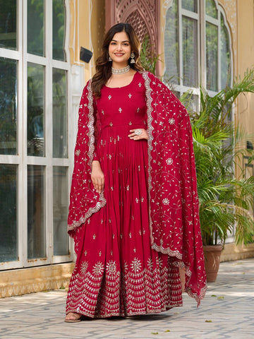 Wedding Wear Rose Red Color Pure Vichitra Silk And Sequence Embroidery Work Gown