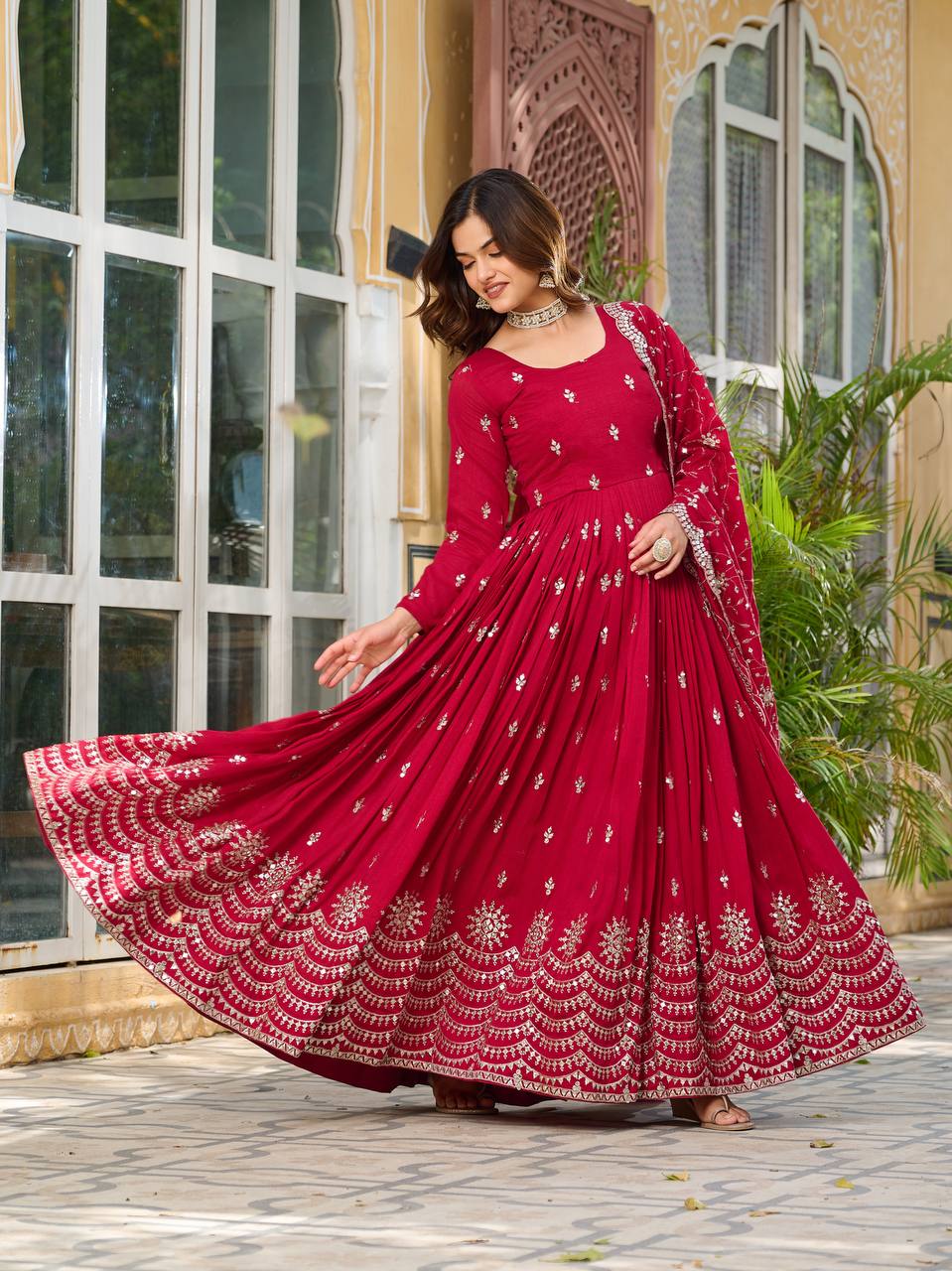 Wedding Wear Rose Red Color Pure Vichitra Silk And Sequence Embroidery Work Gown