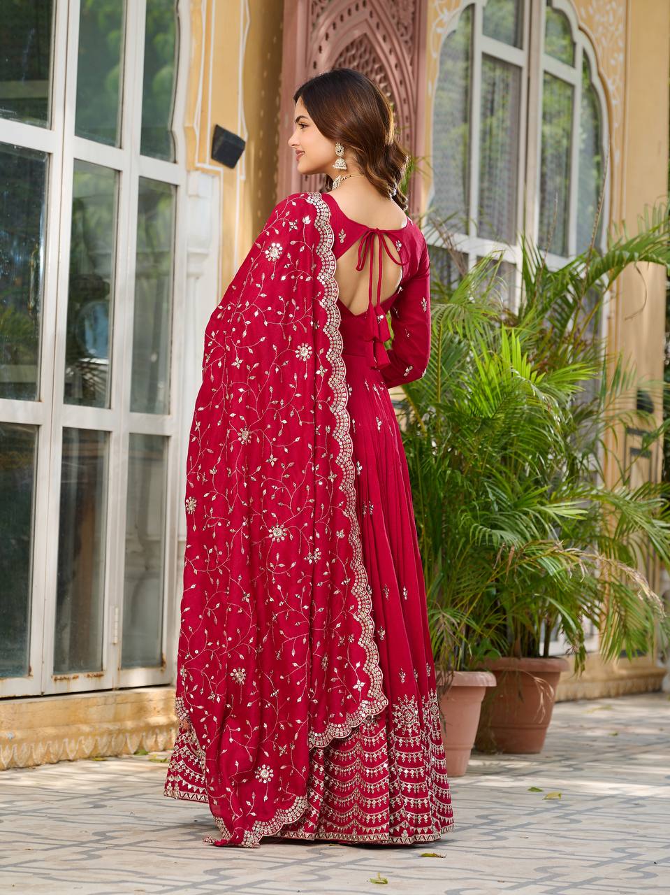 Wedding Wear Rose Red Color Pure Vichitra Silk And Sequence Embroidery Work Gown