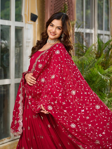 Wedding Wear Rose Red Color Pure Vichitra Silk And Sequence Embroidery Work Gown