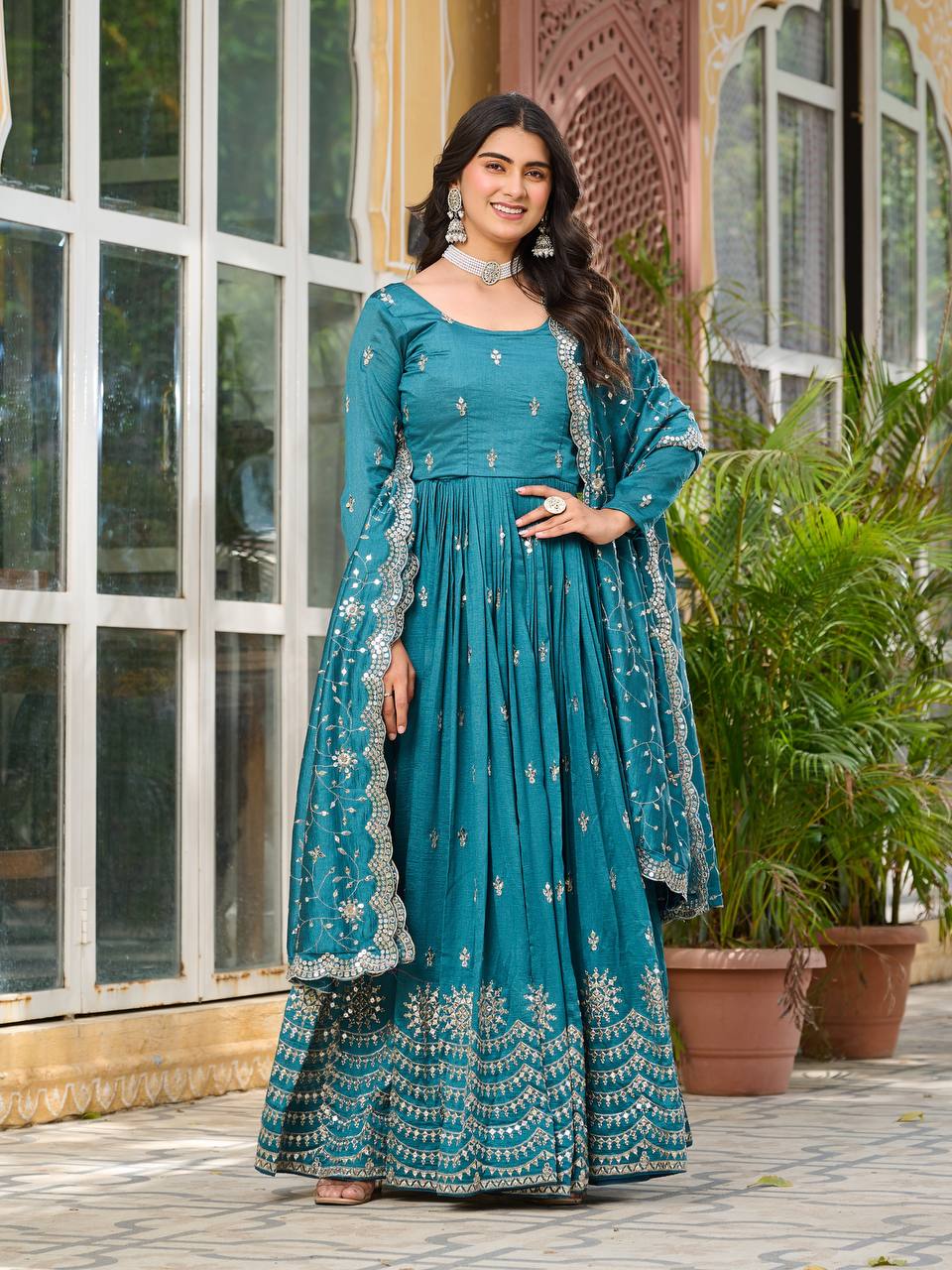 Wedding Wear Teal Green Color Pure Vichitra Silk And Sequence Embroidery Work Gown