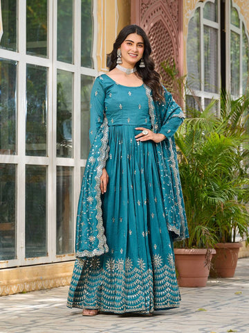 Wedding Wear Teal Green Color Pure Vichitra Silk And Sequence Embroidery Work Gown