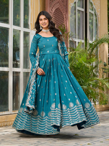 Wedding Wear Teal Green Color Pure Vichitra Silk And Sequence Embroidery Work Gown