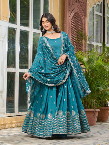 Wedding Wear Teal Green Color Pure Vichitra Silk And Sequence Embroidery Work Gown