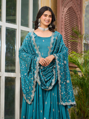 Wedding Wear Teal Green Color Pure Vichitra Silk And Sequence Embroidery Work Gown