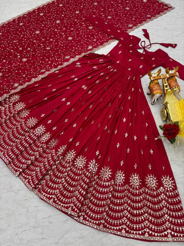 Wedding Wear Rose Red Color Pure Vichitra Silk And Sequence Embroidery Work Gown