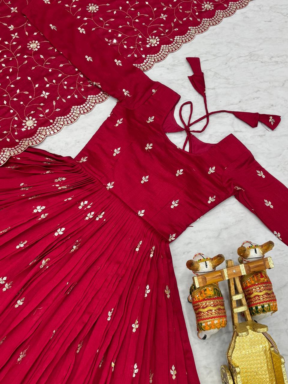 Wedding Wear Rose Red Color Pure Vichitra Silk And Sequence Embroidery Work Gown