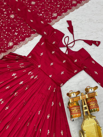 Wedding Wear Rose Red Color Pure Vichitra Silk And Sequence Embroidery Work Gown