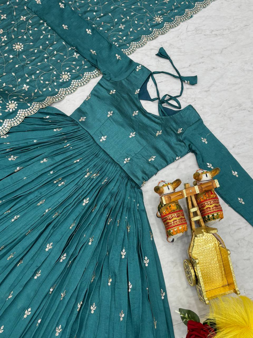 Wedding Wear Teal Green Color Pure Vichitra Silk And Sequence Embroidery Work Gown