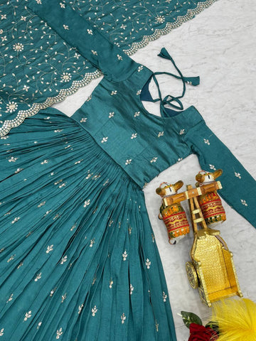 Wedding Wear Teal Green Color Pure Vichitra Silk And Sequence Embroidery Work Gown
