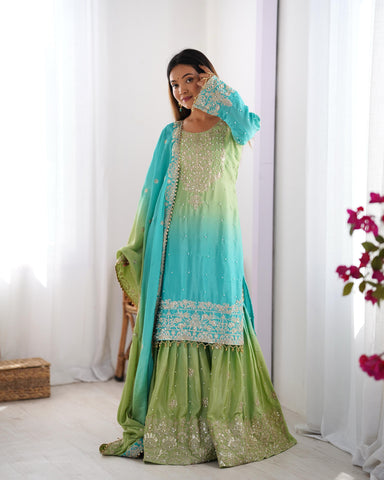 Attractive Sky Blue And Green Color Chinon Silk And Coding Dori With Sequence With Rivet Moti Beautiful Sharara Suit