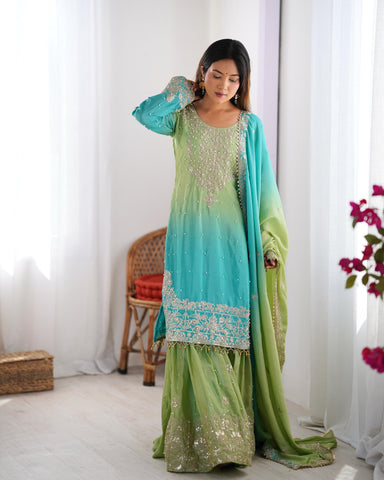 Attractive Sky Blue And Green Color Chinon Silk And Coding Dori With Sequence With Rivet Moti Beautiful Sharara Suit
