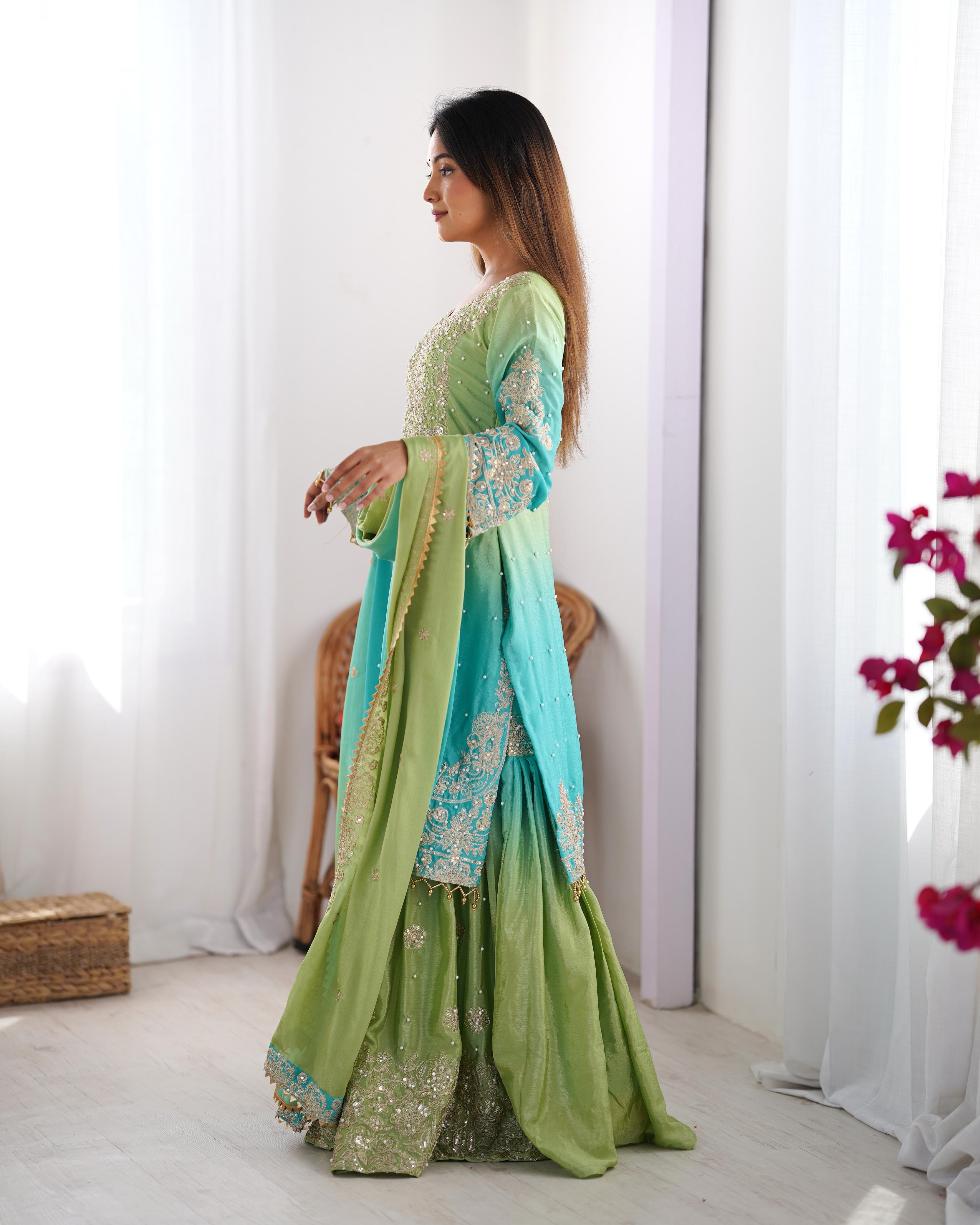 Attractive Sky Blue And Green Color Chinon Silk And Coding Dori With Sequence With Rivet Moti Beautiful Sharara Suit