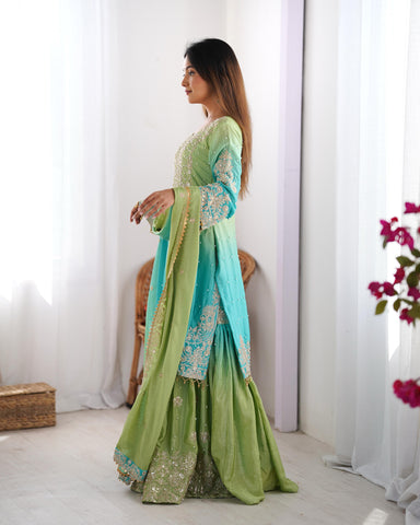 Attractive Sky Blue And Green Color Chinon Silk And Coding Dori With Sequence With Rivet Moti Beautiful Sharara Suit