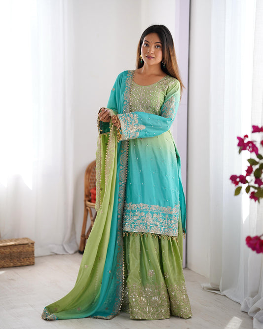 Attractive Sky Blue And Green Color Chinon Silk And Coding Dori With Sequence With Rivet Moti Beautiful Sharara Suit