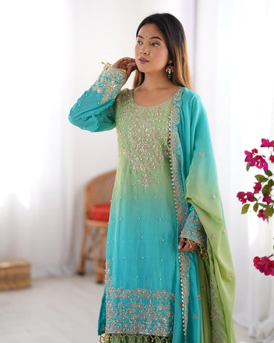 Attractive Sky Blue And Green Color Chinon Silk And Coding Dori With Sequence With Rivet Moti Beautiful Sharara Suit