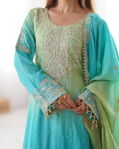 Attractive Sky Blue And Green Color Chinon Silk And Coding Dori With Sequence With Rivet Moti Beautiful Sharara Suit