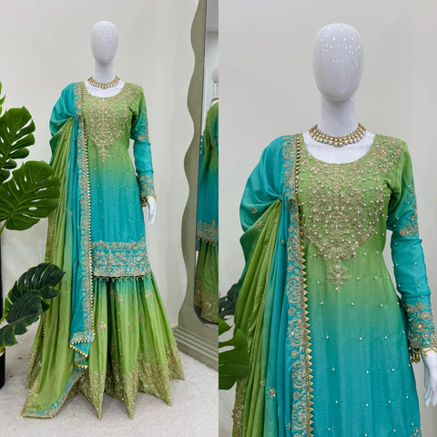 Attractive Sky Blue And Green Color Chinon Silk And Coding Dori With Sequence With Rivet Moti Beautiful Sharara Suit