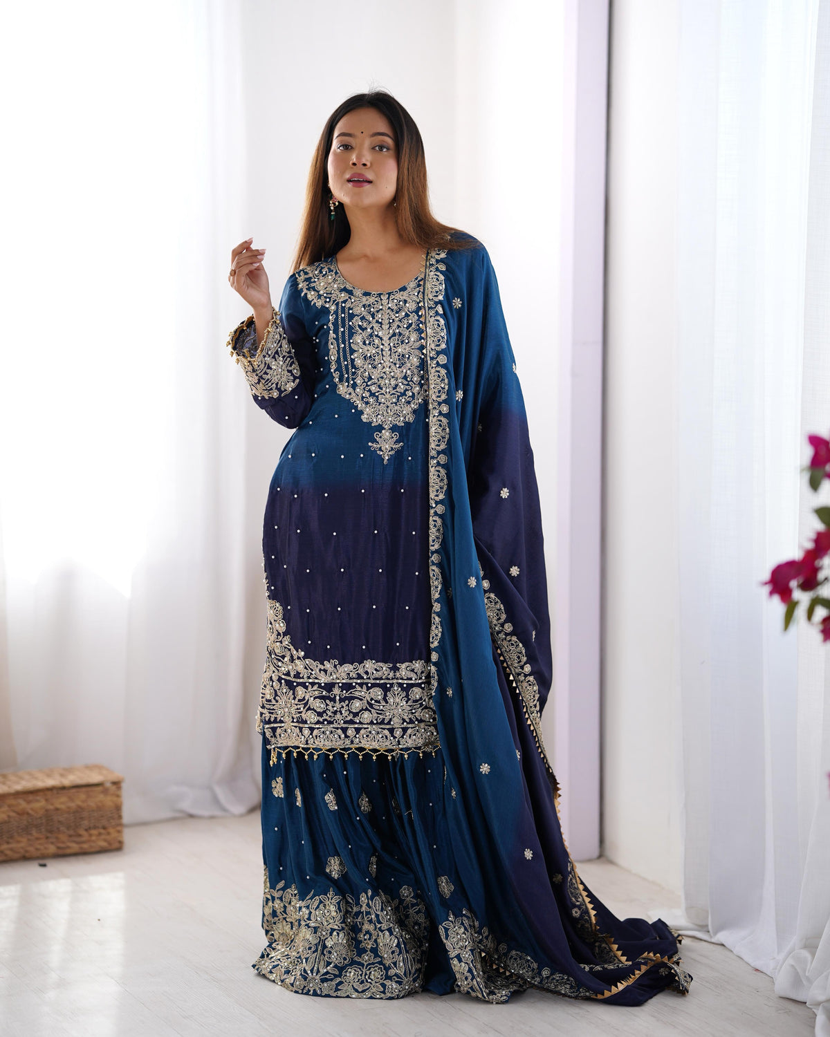Party Navy Blue Color Chinon Silk And Coding Dori With Sequence With Rivet Moti Beautiful Sharara Suit