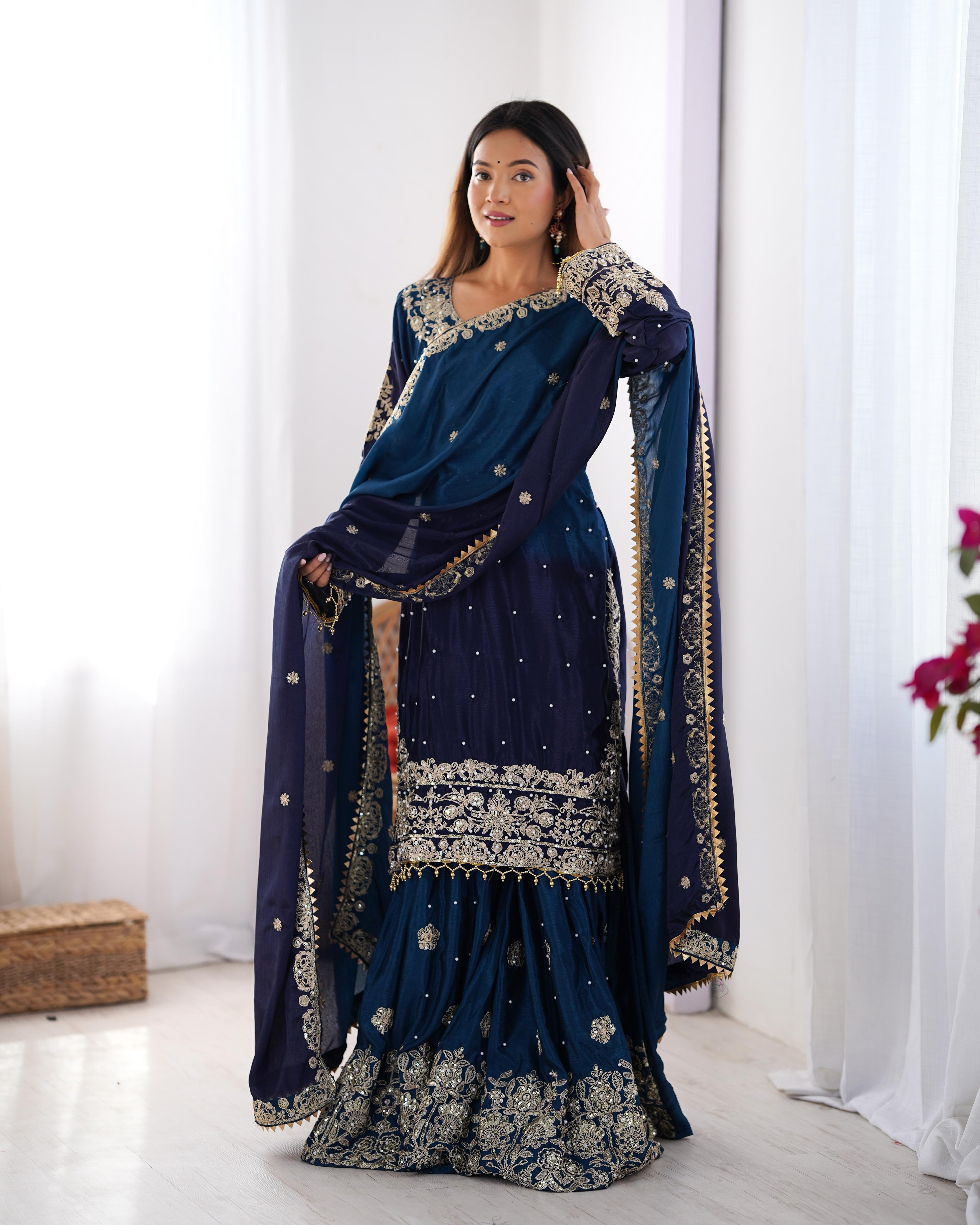 Party Navy Blue Color Chinon Silk And Coding Dori With Sequence With Rivet Moti Beautiful Sharara Suit