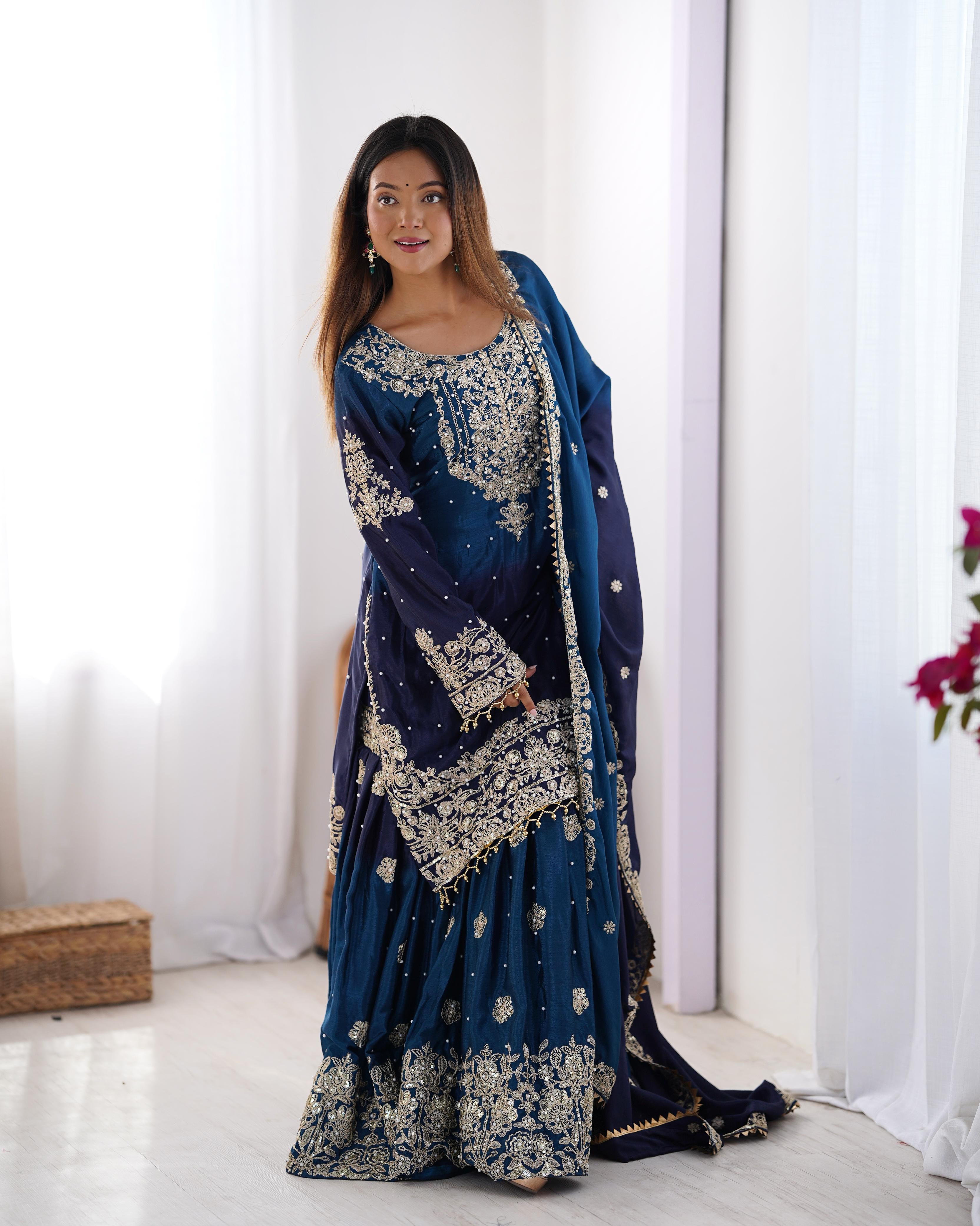 Party Navy Blue Color Chinon Silk And Coding Dori With Sequence With Rivet Moti Beautiful Sharara Suit