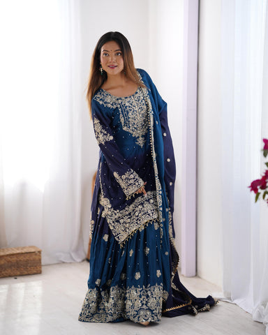 Party Navy Blue Color Chinon Silk And Coding Dori With Sequence With Rivet Moti Beautiful Sharara Suit