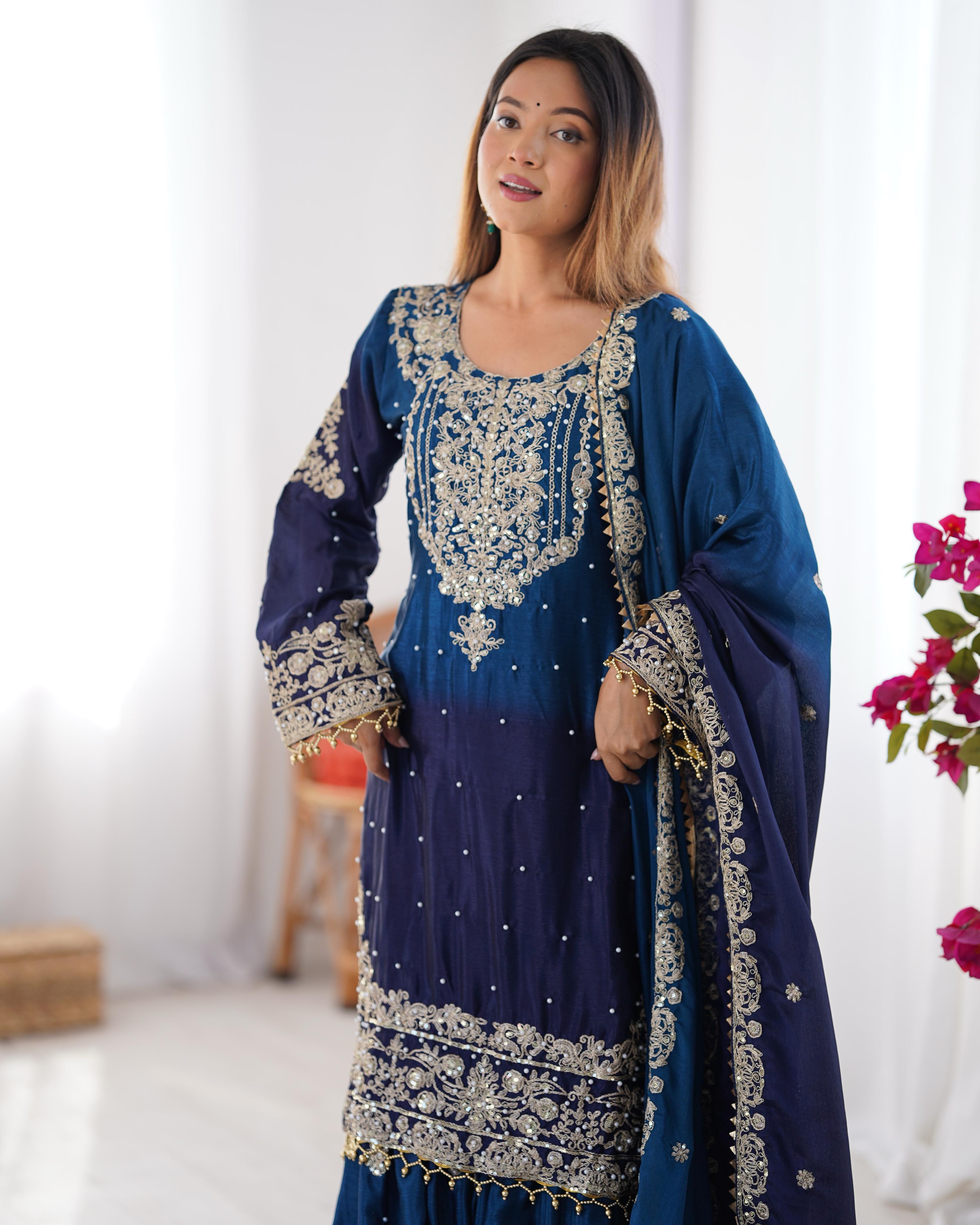 Party Navy Blue Color Chinon Silk And Coding Dori With Sequence With Rivet Moti Beautiful Sharara Suit