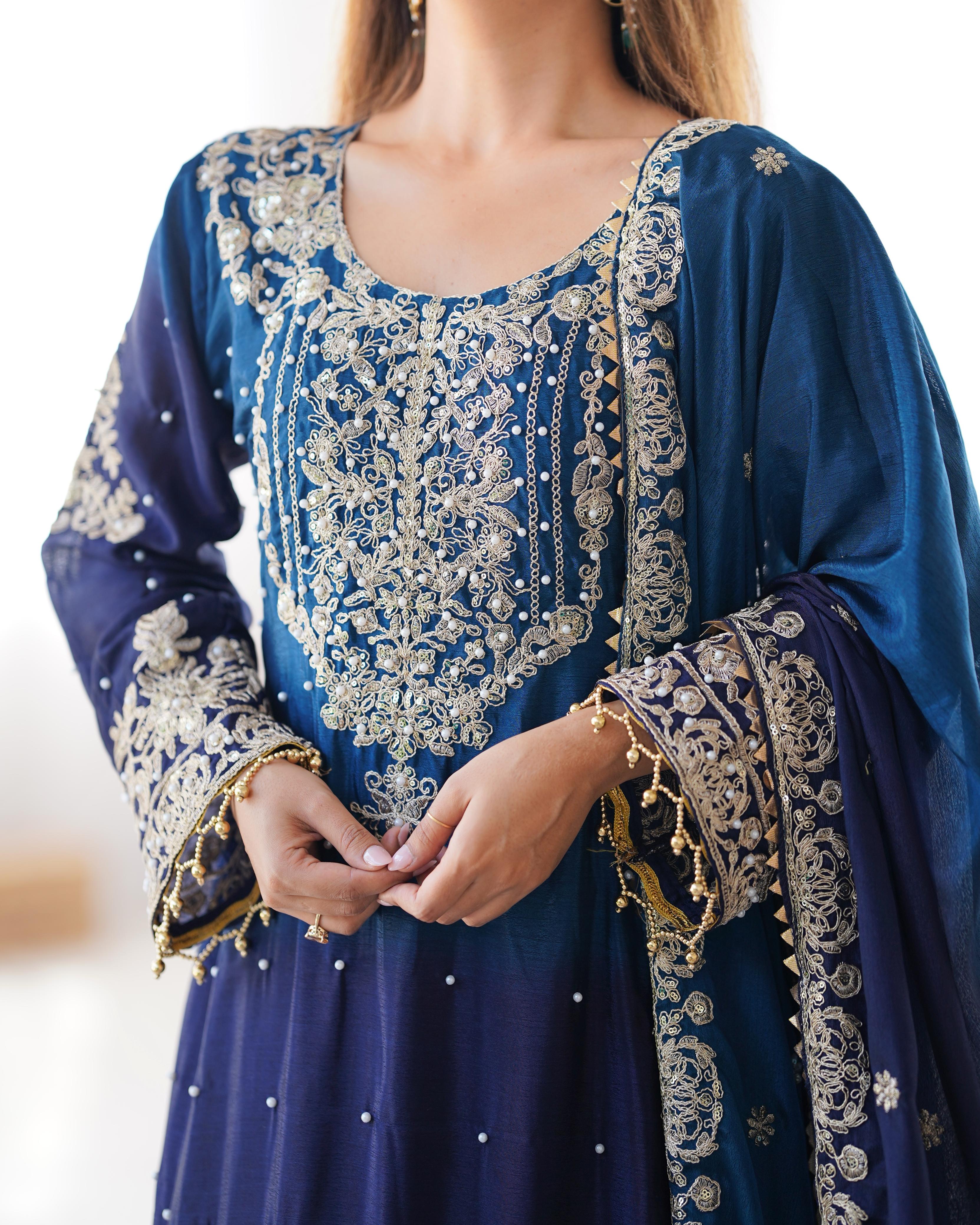 Party Navy Blue Color Chinon Silk And Coding Dori With Sequence With Rivet Moti Beautiful Sharara Suit