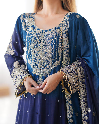 Party Navy Blue Color Chinon Silk And Coding Dori With Sequence With Rivet Moti Beautiful Sharara Suit