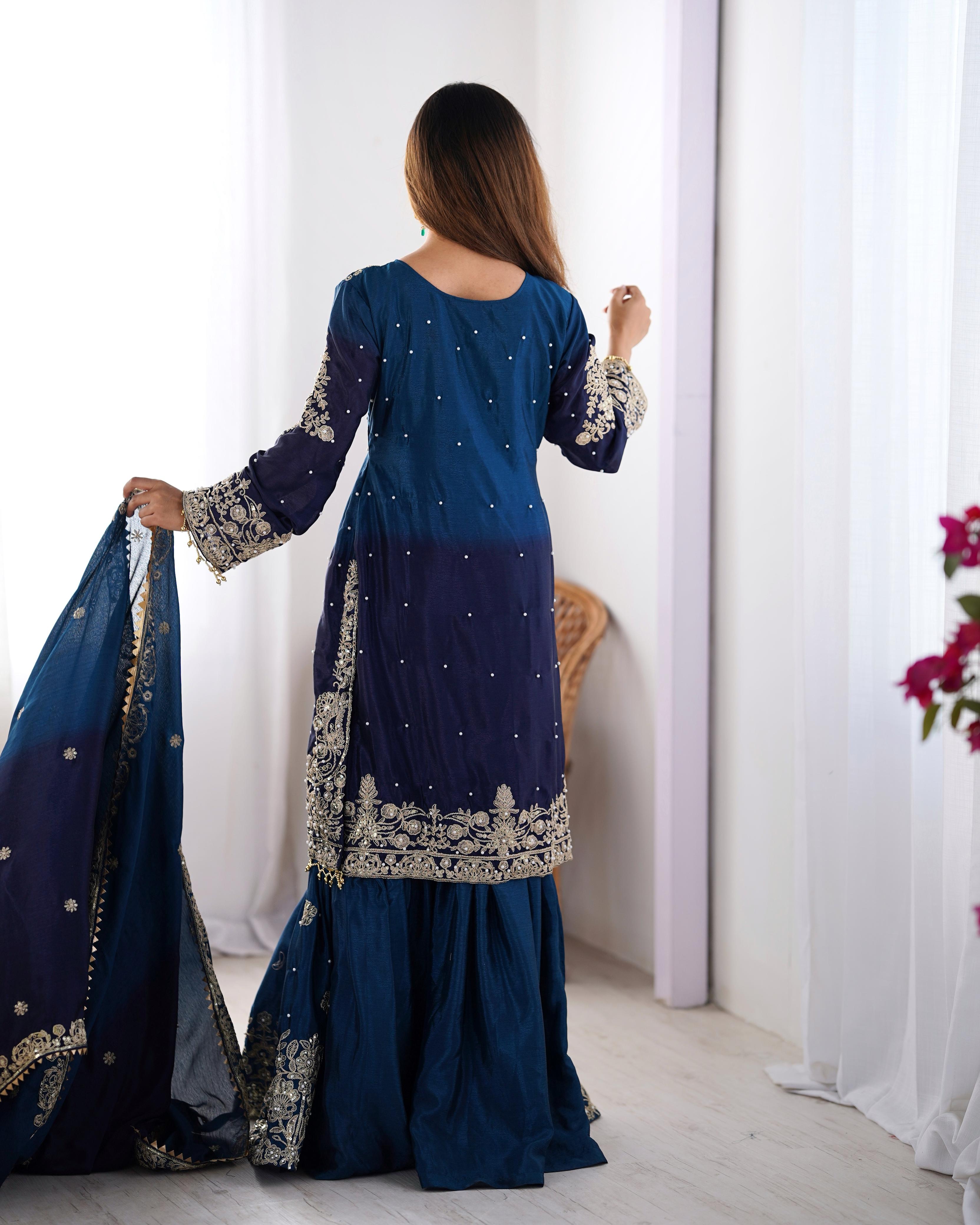 Party Navy Blue Color Chinon Silk And Coding Dori With Sequence With Rivet Moti Beautiful Sharara Suit